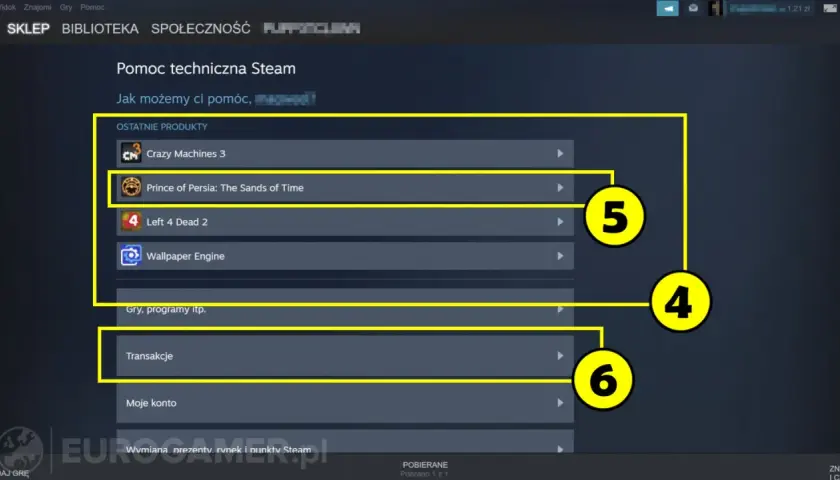 Pomoc techniczna Steam: ostatnie produkty i transakcje. Dowiedz się, kiedy można zwrócić grę na Steam.
