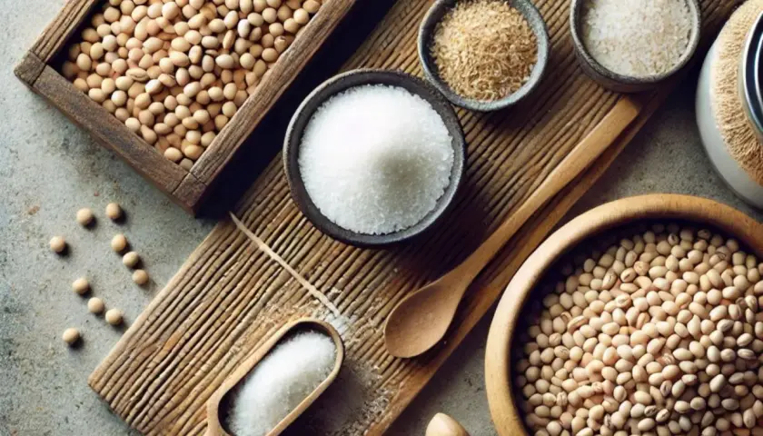 Zutaten für **Miso Paste selber machen**: Sojabohnen, Salz und Koji. Alles bereit für die Zubereitung.