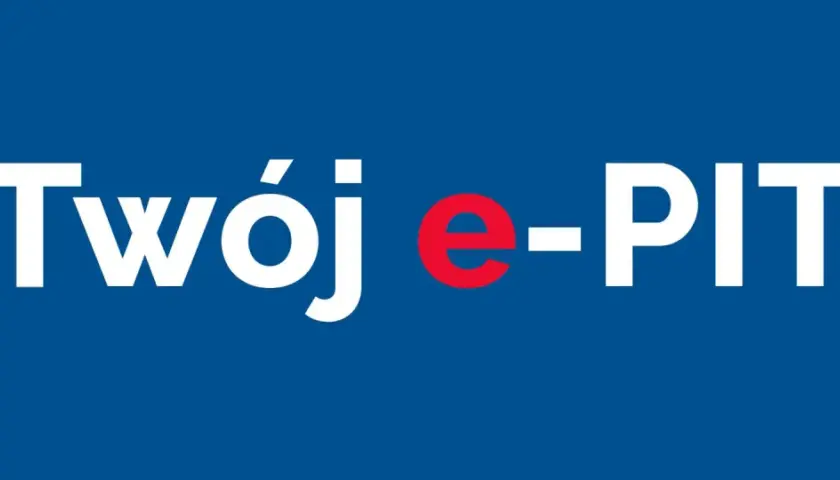Napis "Twój e-PIT" w kolorze białym i czerwonym na niebieskim tle.