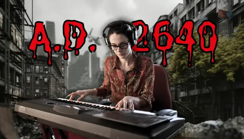 Kobieta w okularach i słuchawkach gra na keyboardzie w postapokaliptycznym mieście. Napis "A.P. 2649" sugeruje, że to najtrudniejsza piosenka na świecie.
