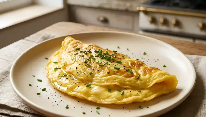 Une omelette dorée, garnie de ciboulette fraîche et de poivre noir, prête à être dégustée. Imaginez-la avec une garniture d'omelette aux fruits de mer.