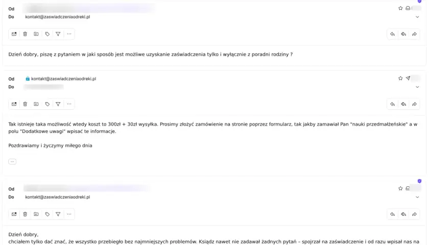 Jak wygląda zaświadczenie o bierzmowaniu? Wymiana maili z poradnią rodzinną wyjaśnia, jak je zamówić i potwierdza sprawną obsługę.