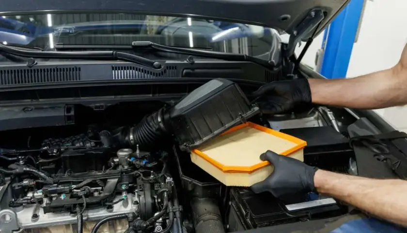 Manos enguantadas cambian el filtro del aire del coche. Este componente es vital para el motor, ya que el filtro del aire ¿para qué sirve? Limpia el aire que entra.