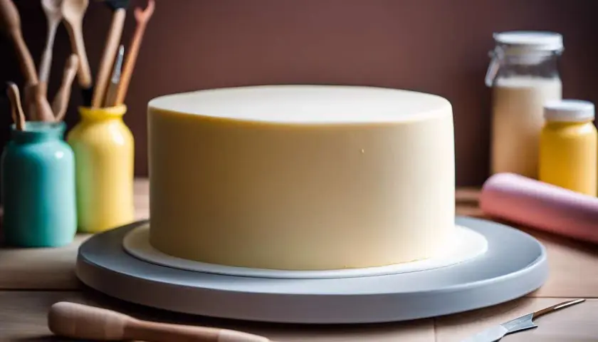 Un gâteau rond, prêt à être décoré, attend patiemment. Autour, des ustensiles de pâtisserie et des pots de couleurs suggèrent la magie de la pâte à sucre.