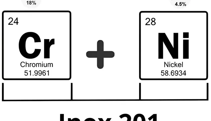 Composition de l'inox 201 : Chrome (16-18%) et Nickel (3.5-4.5%). Cet alliage est un type d'inox austénitique.