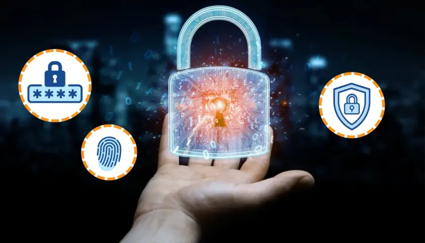 Main : Une main tient un cadenas numérique symbolisant la sécurité. Des icônes de mot de passe, d'empreinte digitale et de bouclier illustrent l'authentification MFA.