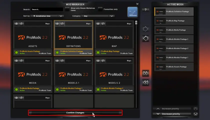 Zarządzanie modami w ETS2: aktywne pakiety ProMods, gotowe do wgrania. Kliknij "Confirm Changes", by zastosować.