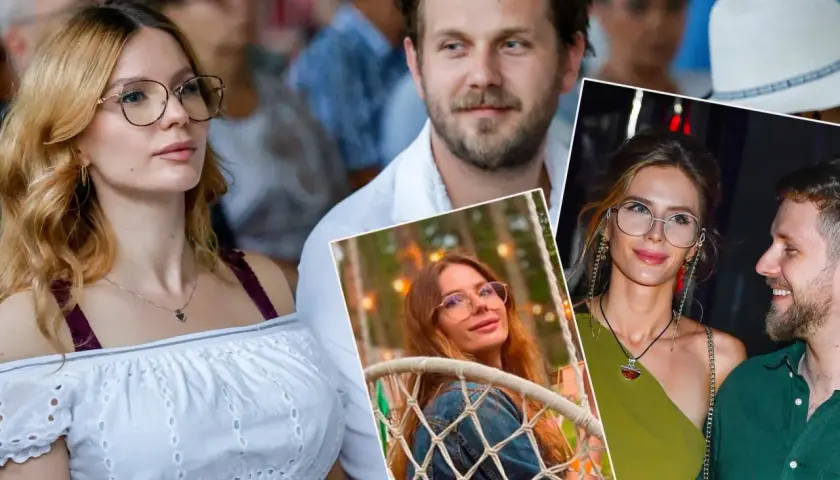 Królikowski z nową partnerką, uśmiechnięci i w okularach. W tle widać fragmenty innych zdjęć.