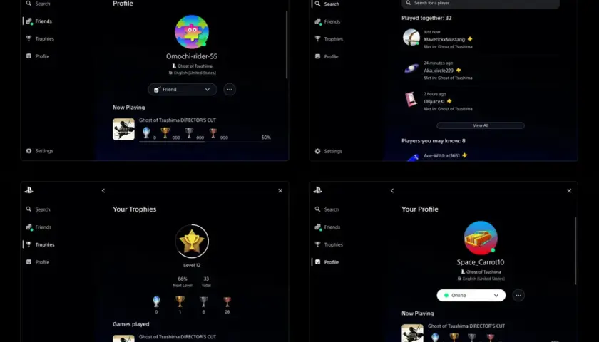 Cztery ekrany profilu PlayStation z grą Ghost of Tsushima, pokazujące profile graczy i trofea.