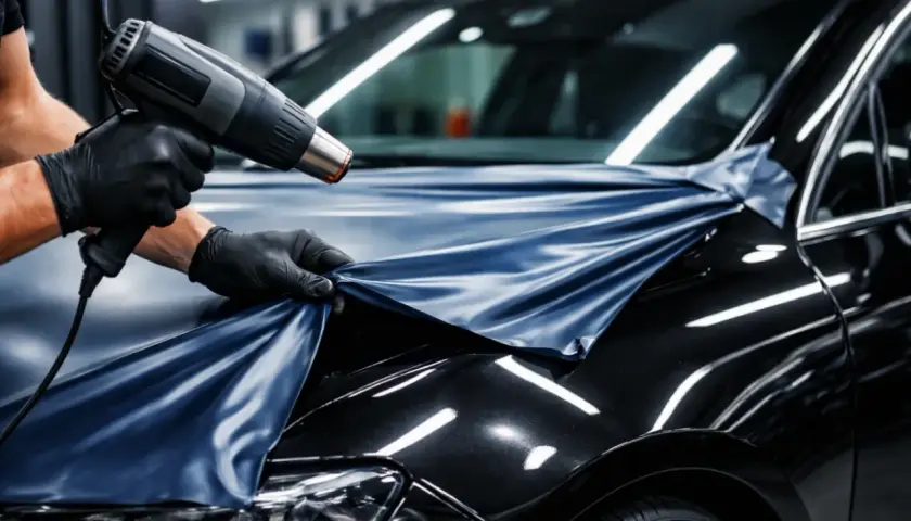 Maintenant, on va enlever la vieille décalcomanie de la voiture avec un décapeur thermique.