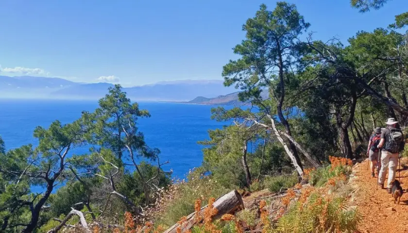 Hikers and their dog enjoy a scenic walk along a coastal trail in Turkey, with stunning blue sea views.