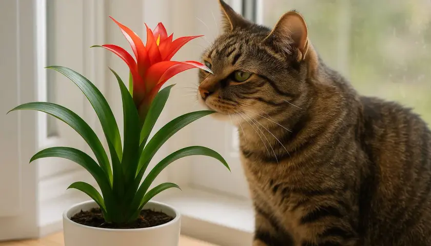 Eine getigerte Katze schnuppert neugierig an einer leuchtend roten Guzmania-Blume.