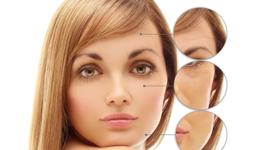 Kvinnas ansikte med närbilder som visar rynkor före och efter behandling med retinoid eller retinol.