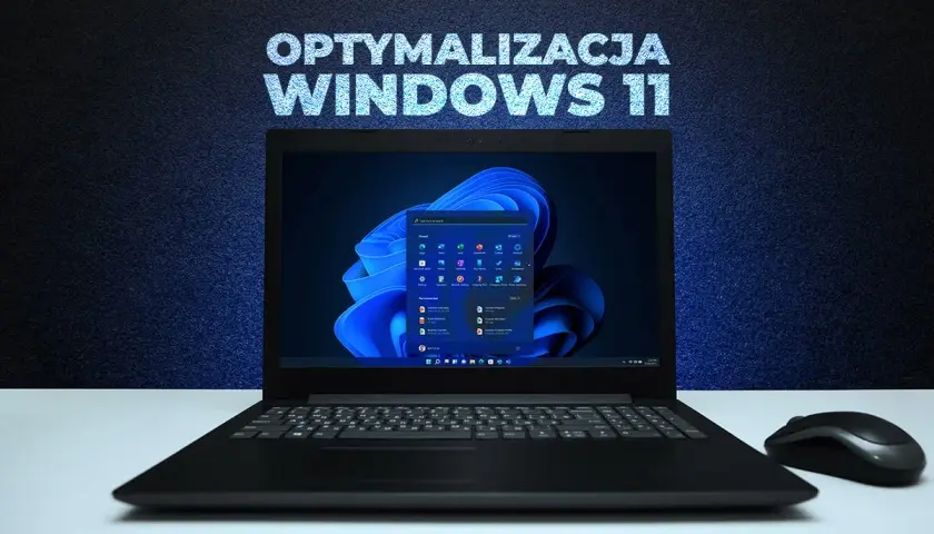 Laptop z ekranem Windows 11 i menu start. Napis "Optymalizacja Windows 11" nad ekranem. Obok myszka komputerowa.