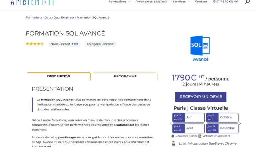 Formation SQL Avancé pour maîtriser les données SQL. Apprenez à optimiser les requêtes et automatiser les tâches.