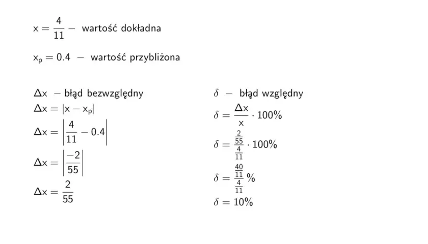 Obliczenia błędu względnego dla wartości x=4/11 i xp=0.4. Pokazano wzory i kroki obliczeniowe.