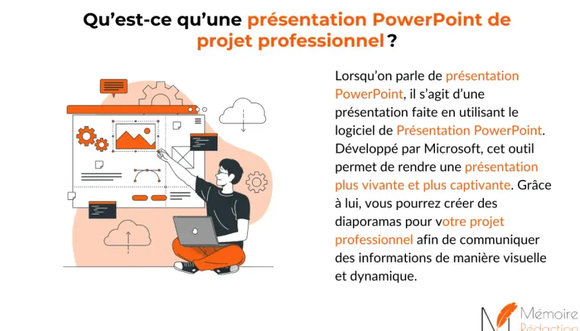 Un homme crée une présentation PowerPoint pour son projet professionnel. La structure du discours est visuelle et dynamique.