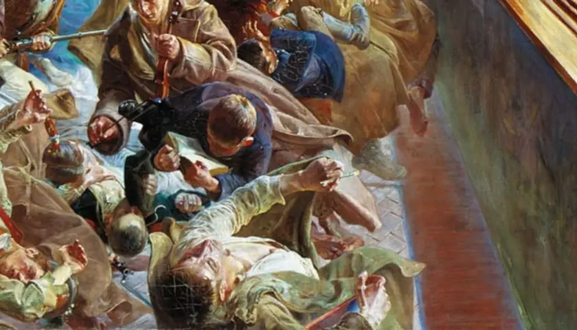 Artyści Młodej Polski w skupieniu tworzą swoje dzieła. Widać pędzle, skrzypce i zapał twórczy.