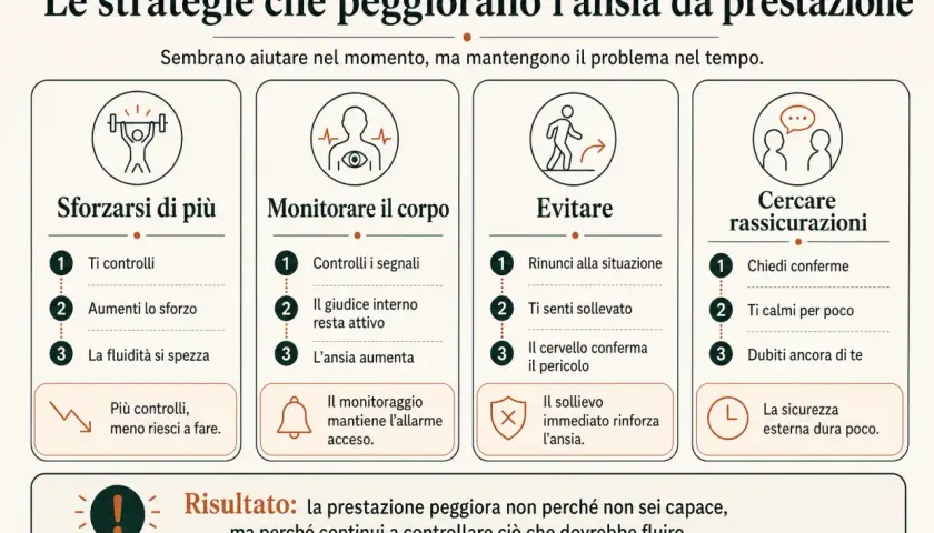 Strategie che peggiorano l'ansia da prestazione: sforzarsi, monitorare il corpo, evitare e cercare rassicurazioni. Il risultato è un peggioramento della performance.