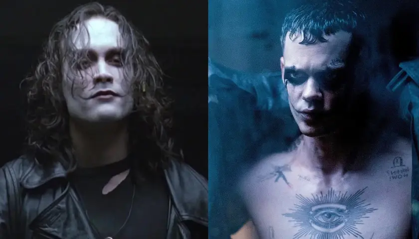 Två versioner av rollistan i The Crow: Brandon Lee med sitt ikoniska smink och långa hår, och Bill Skarsgård med mörkare smink och tatueringar.
