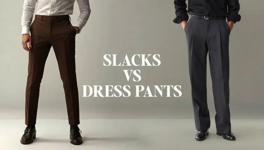 A side-by-side comparison of slacks vs dress pants, showcasing different styles and fits for men's formal wear.