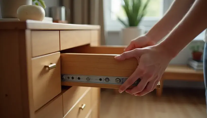 Ręce montują drewnianą szufladę do komody, pokazując, jak zbudować szufladę.