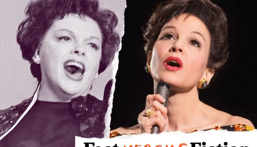 Dwie sceny z życia Judy Garland: młoda artystka śpiewająca na czarno-białym zdjęciu i Renée Zellweger jako Judy w filmie.