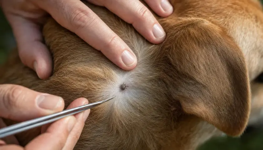 Rimozione di una zecca dal pelo di un cane con pinzette. Attenzione al morso zecca cane.