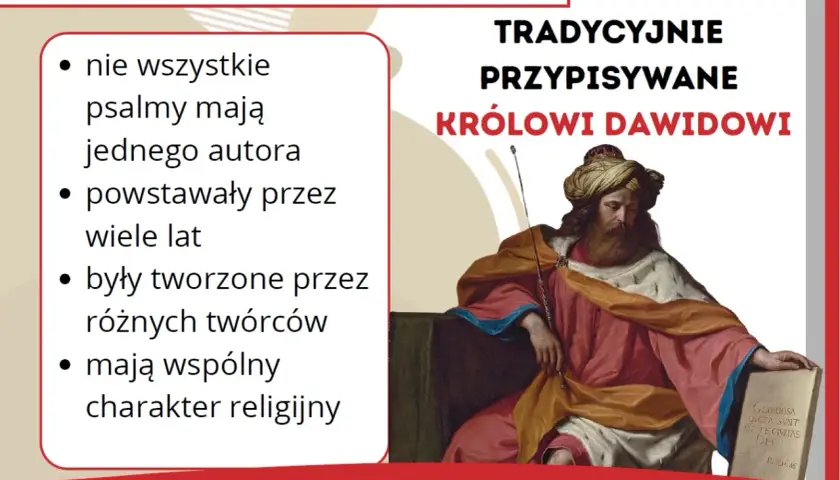 Król Dawid, tradycyjnie przypisywany autor wielu psalmów, siedzi z księgą. Tekst informuje o autorstwie psalmów.