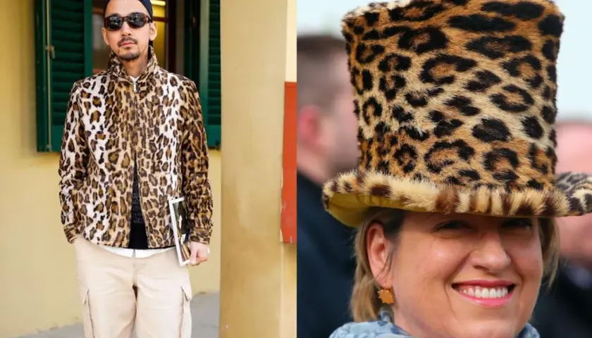 Un homme porte une veste au motif animalier léopard. Une femme arbore un chapeau haut de forme au même motif audacieux.