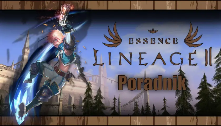 Dynamiczny wojownik w akcji, strzelający z pistoletu, na tle zamku i lasu. Grafika promuje Lineage 2 Essence.