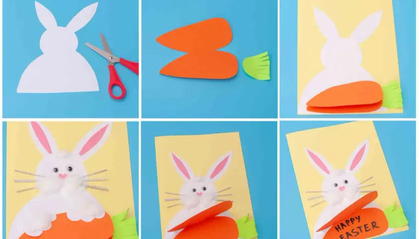 Tutorial per creare biglietti di Pasqua fai da te con coniglietto e carota. Passaggi per realizzare simpatici biglietti di Pasqua da costruire.