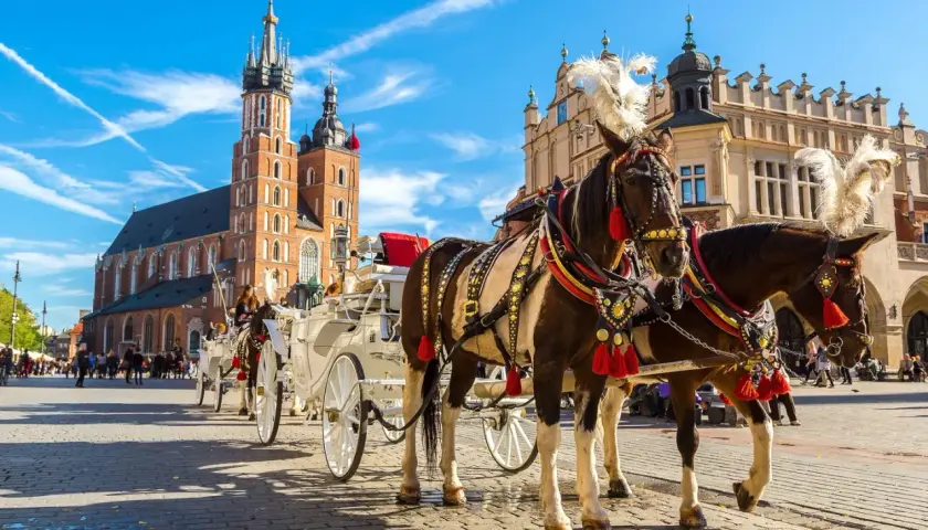 Kraków, Rynek Główny z dorożkami i Kościołem Mariackim. Zastanawiasz się, ile kosztuje nocleg w Krakowie?