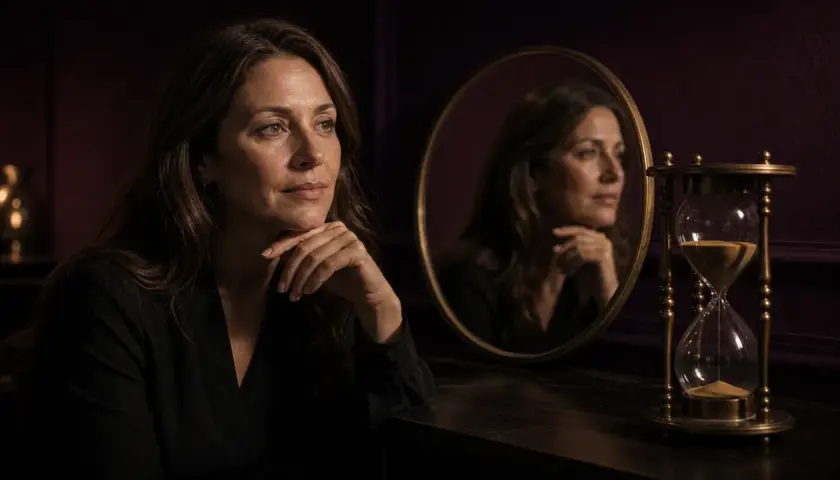 En kvinna betraktar sin spegelbild bredvid ett timglas. Kanske funderar hon på botox effekt tid.