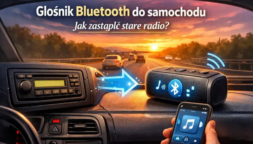 Głośnik Bluetooth w samochodzie, obok radia, z telefonem w dłoni.