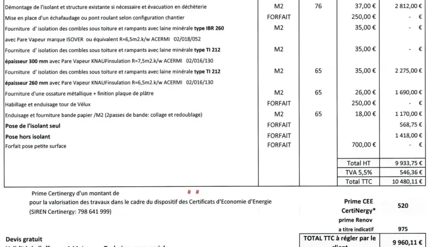 Exemple devis isolation combles : détail des matériaux, pose, finitions et primes pour une isolation de toiture performante.
