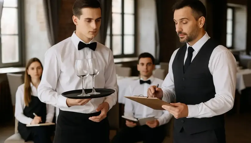 Szkolenie kelnerskie: młody kelner z kieliszkami, instruktor notuje. Dowiedz się, ile kosztuje kurs kelnerski i zacznij karierę.