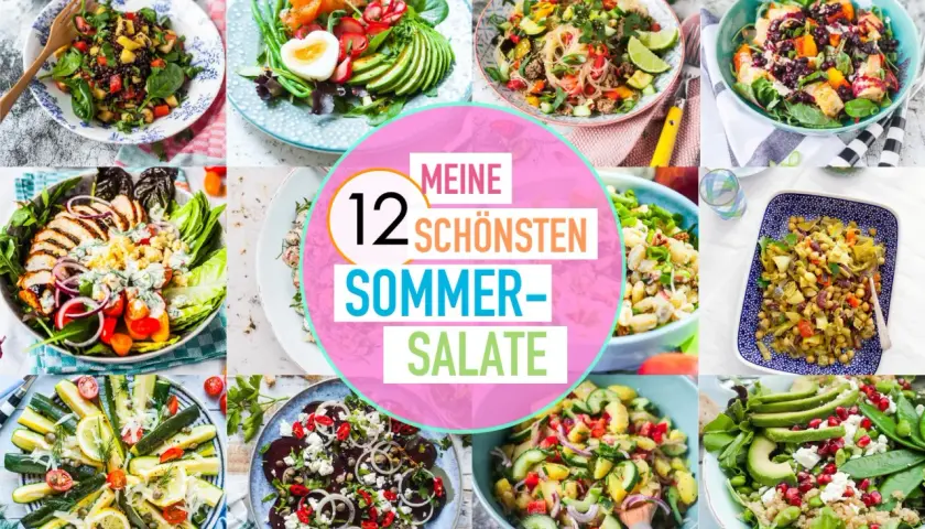 Collage mit 12 bunten sommer salat ideen, darunter Linsensalat, Lachs-Avocado-Salat und Hähnchensalat.