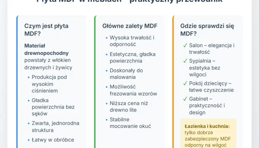 Płyta MDF w meblach: co to jest, jej zalety i zastosowania. Materiał drewnopochodny, idealny do salonu, sypialni, pokoju dziecięcego i gabinetu.
