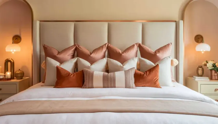 A masterclass in how to layer pillows on a bed, featuring a plush headboard and a symphony of rust, cream, and blush tones.