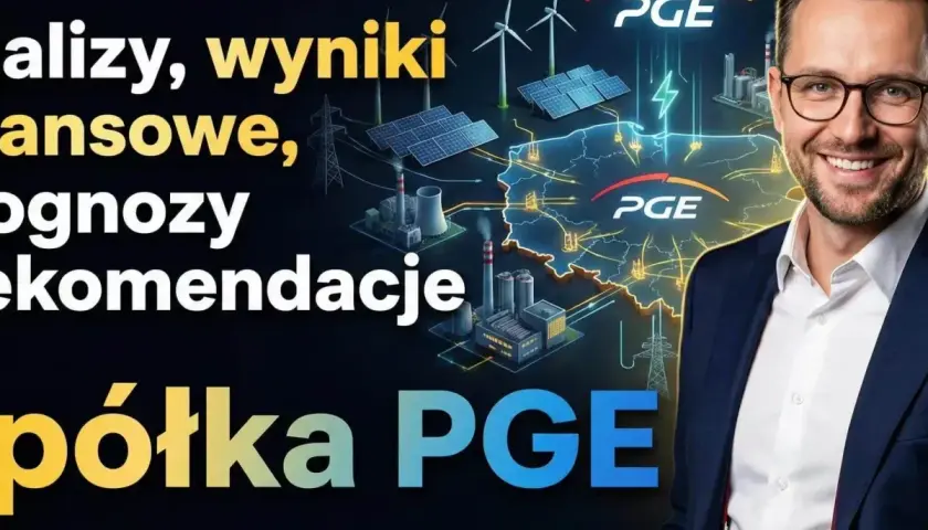 Analiza akcji PGE, prognozy i rekomendacje. Uśmiechnięty mężczyzna na tle mapy Polski z symbolami energetyki.
