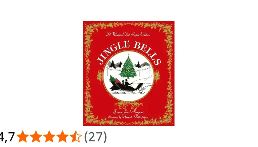 Copertina di "Jingle Bells", canzone in inglese, con slitta e albero di Natale.