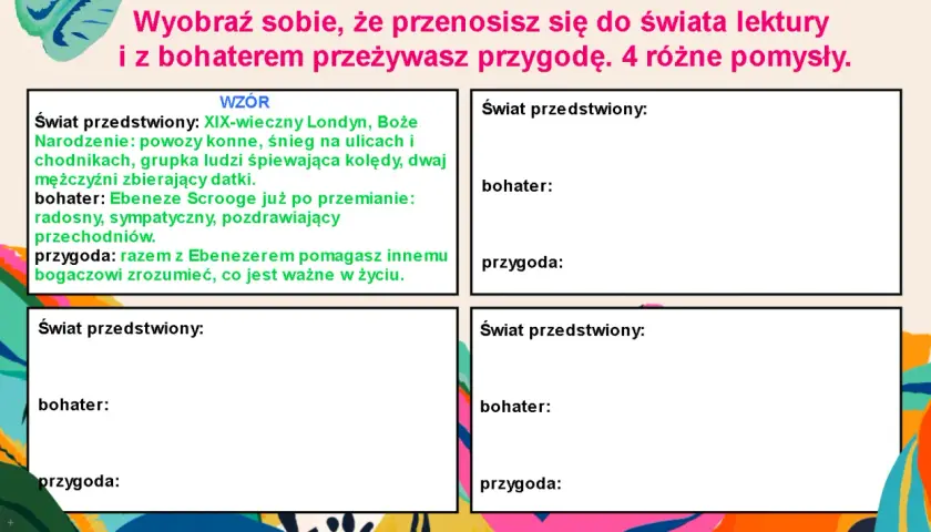 Szablon do tworzenia własnych opowiadań, z polami na świat, bohatera i przygodę. Przykład dotyczy Scrooge'a.