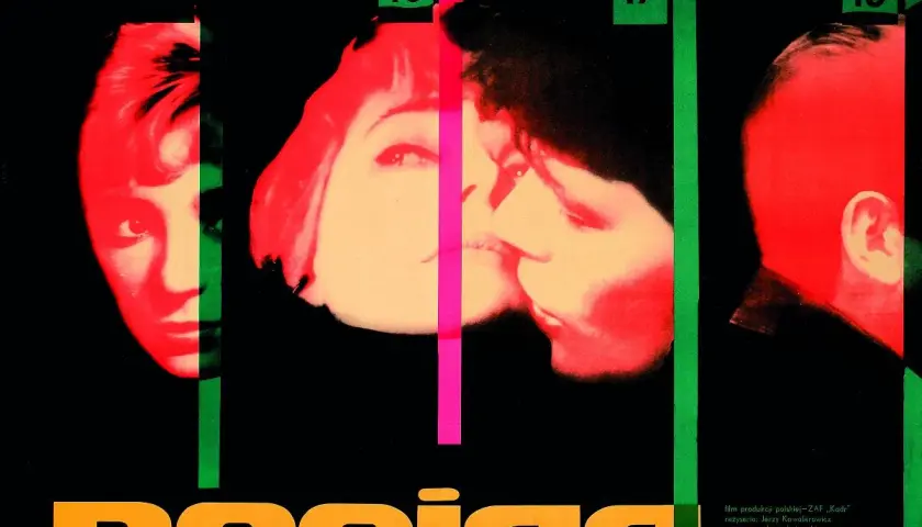 Plakat filmowy "Pociąg" Jerzego Kawalerowicza, ikona polskiej szkoły filmowej. Intensywne kolory i portrety tworzą atmosferę napięcia.