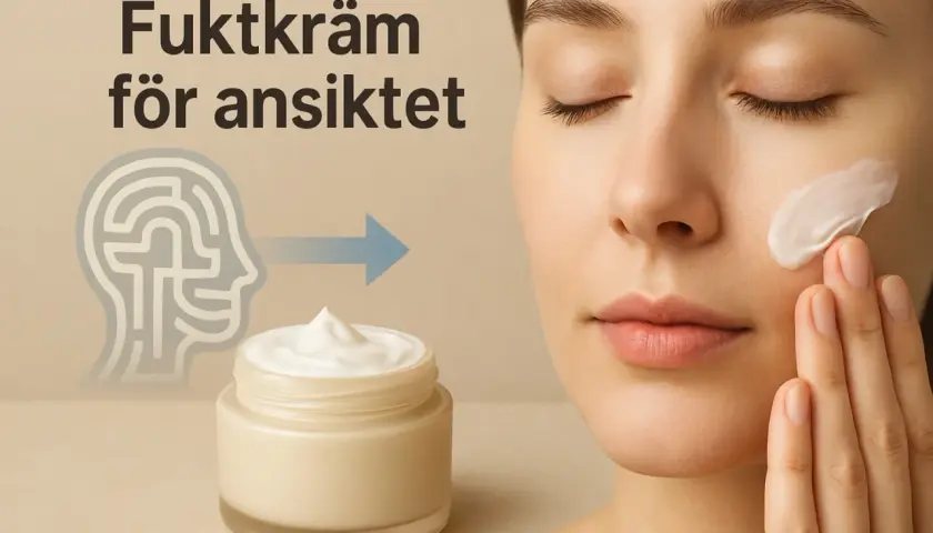 En kvinna applicerar fuktkräm i ansiktet. En burk med kräm och en stiliserad huvudform med en labyrint indikerar en ny, enkel face formula.