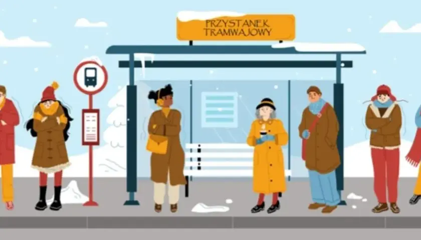 Ludzie na przystanku tramwajowym marzną, mimo że temperatura u dorosłego to 35 stopni Celsjusza. Otuleni w grube płaszcze, czekają na tramwaj.