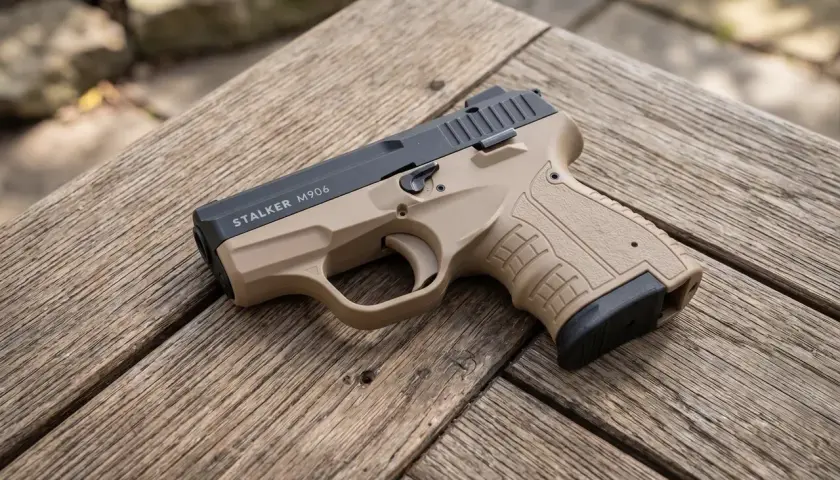 Pistolet Stalker M906 w kolorze piaskowym leży na drewnianym stole.