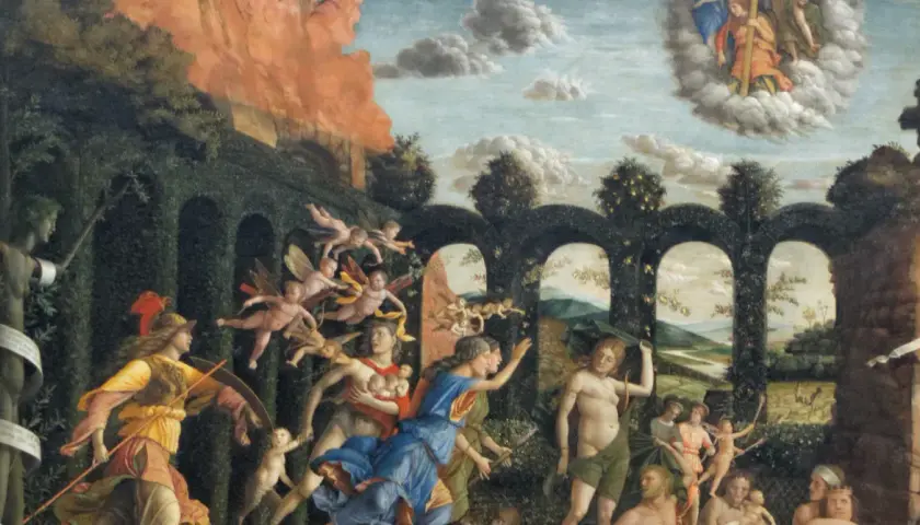 Scena pełna postaci, aniołków i bogów, symbolizująca triumf humanizmu nad chaosem.