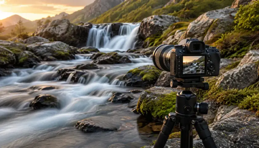 Aparat fotograficzny na statywie uwiecznia górski potok z wodospadem. Słońce tworzy na wodzie piękne, falujące **caustics**.