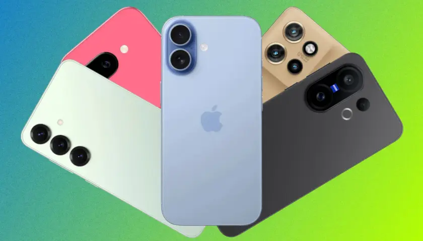 Kompaktowe smartfony w różnych kolorach: jasnoniebieski iPhone, różowy, miętowy, złoty i czarny.